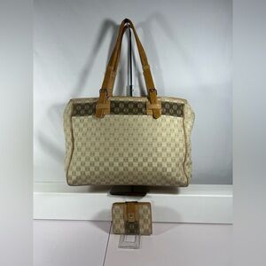 3057: Loewe Anagram Canvas Tote Bag + Wallet Set Brown Leather Trim Spain